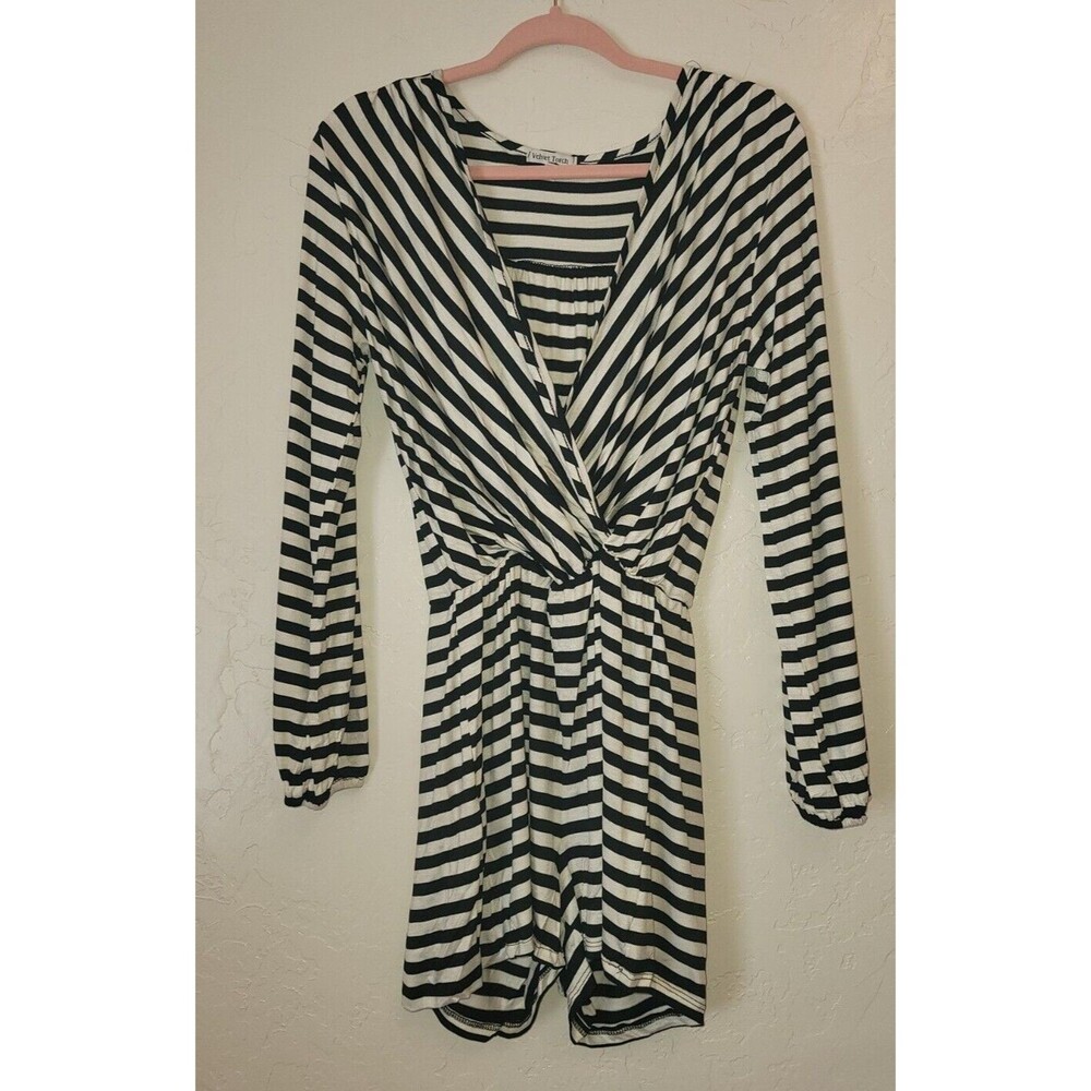 New Velvet Torch Womens M Romper Black Striped Long Sleeve Wrap Front V-Neck